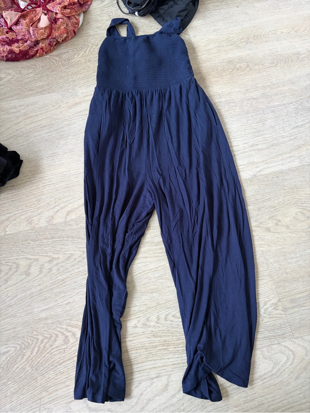 LOFT Navy Smocked Bodice Jumpsuit